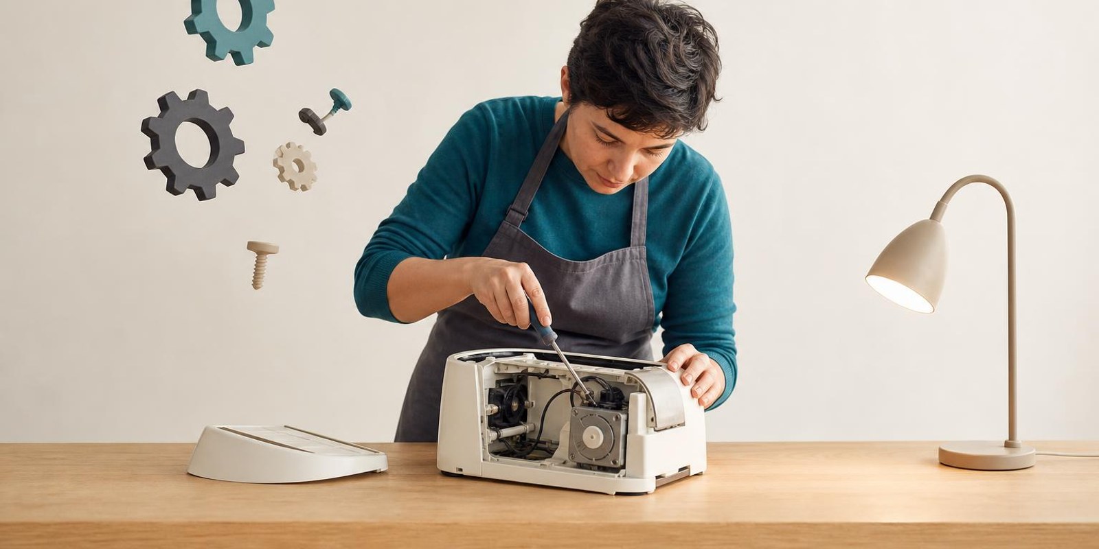 Illustration: Figur repariert am Werktisch ein geoeffnetes Haushaltsgeraet.