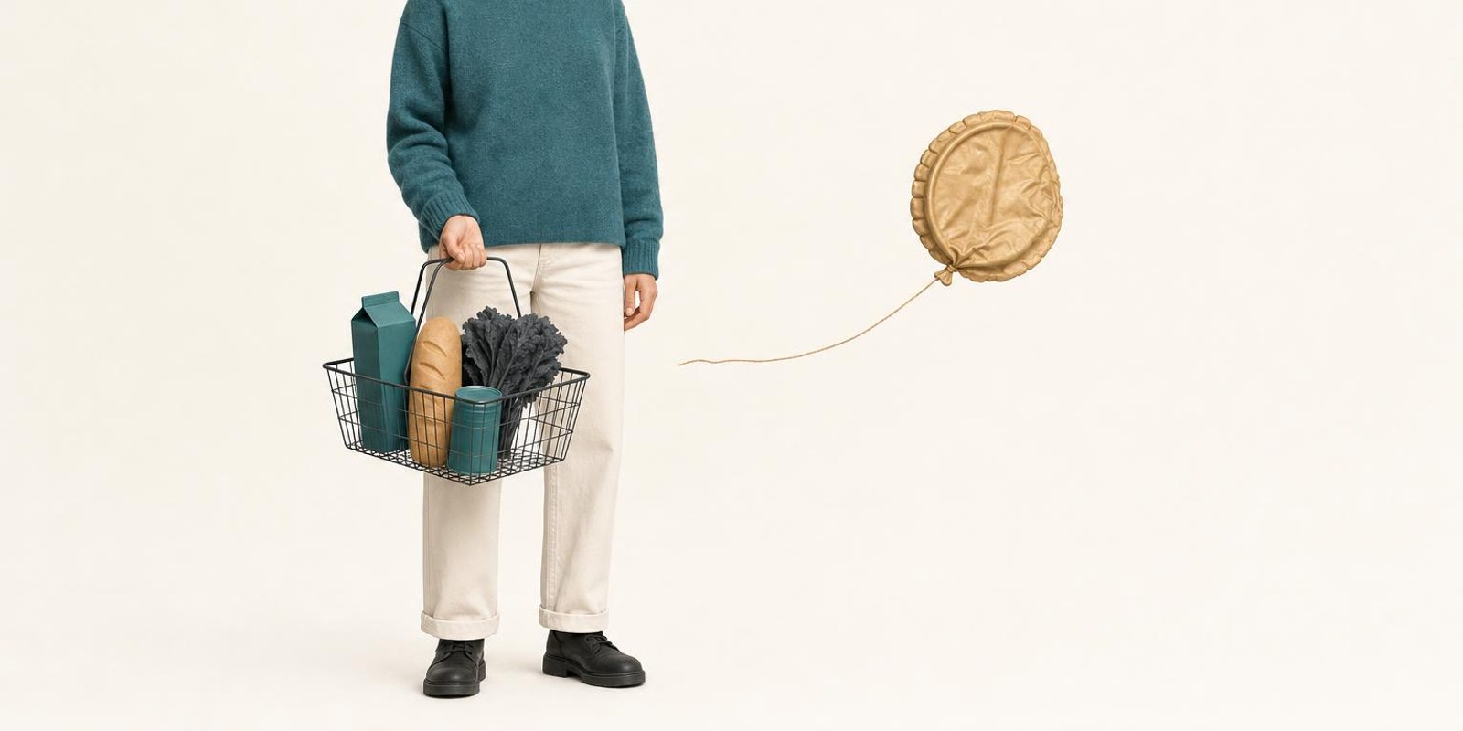 Illustration: Neben einer Person mit Einkaufskorb schrumpft eine grosse Muenze wie ein Ballon, der Luft verliert.
