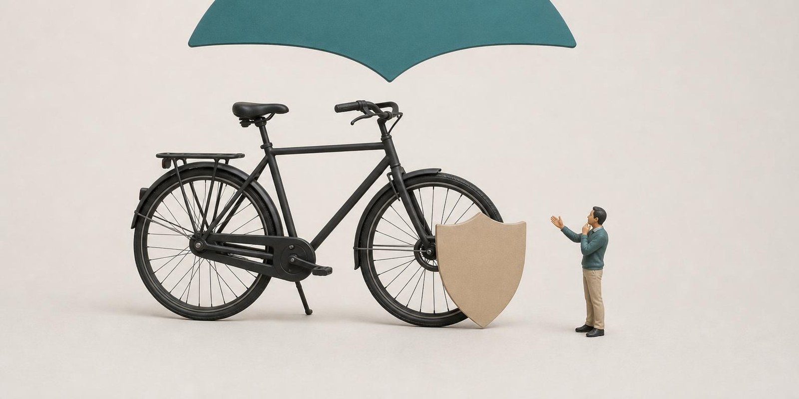 Illustration: Ein Fahrrad steht unter einem Schirm, zwei Schutzschilde schweben ueber Rahmen und Schloss.