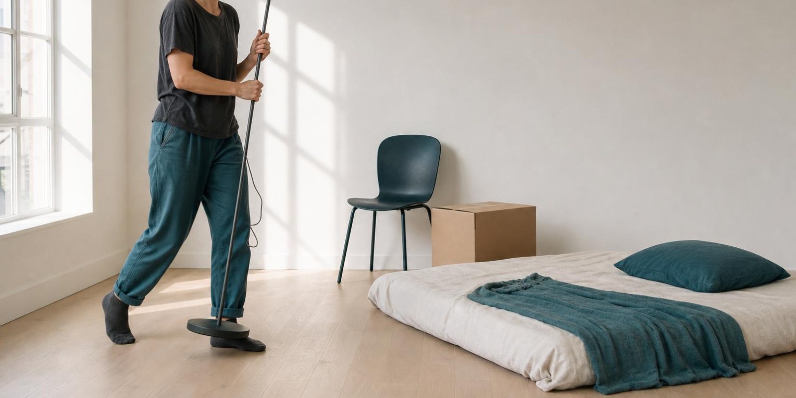 Illustration: Figur traegt eine Lampe in ein fast leeres, sonniges Zimmer.