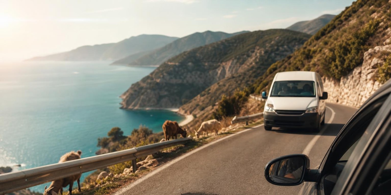 Kleiner Mietwagen faehrt vorsichtig eine kurvige Kuestenstrasse in Albanien entlang, Ziegen stehen am Rand.