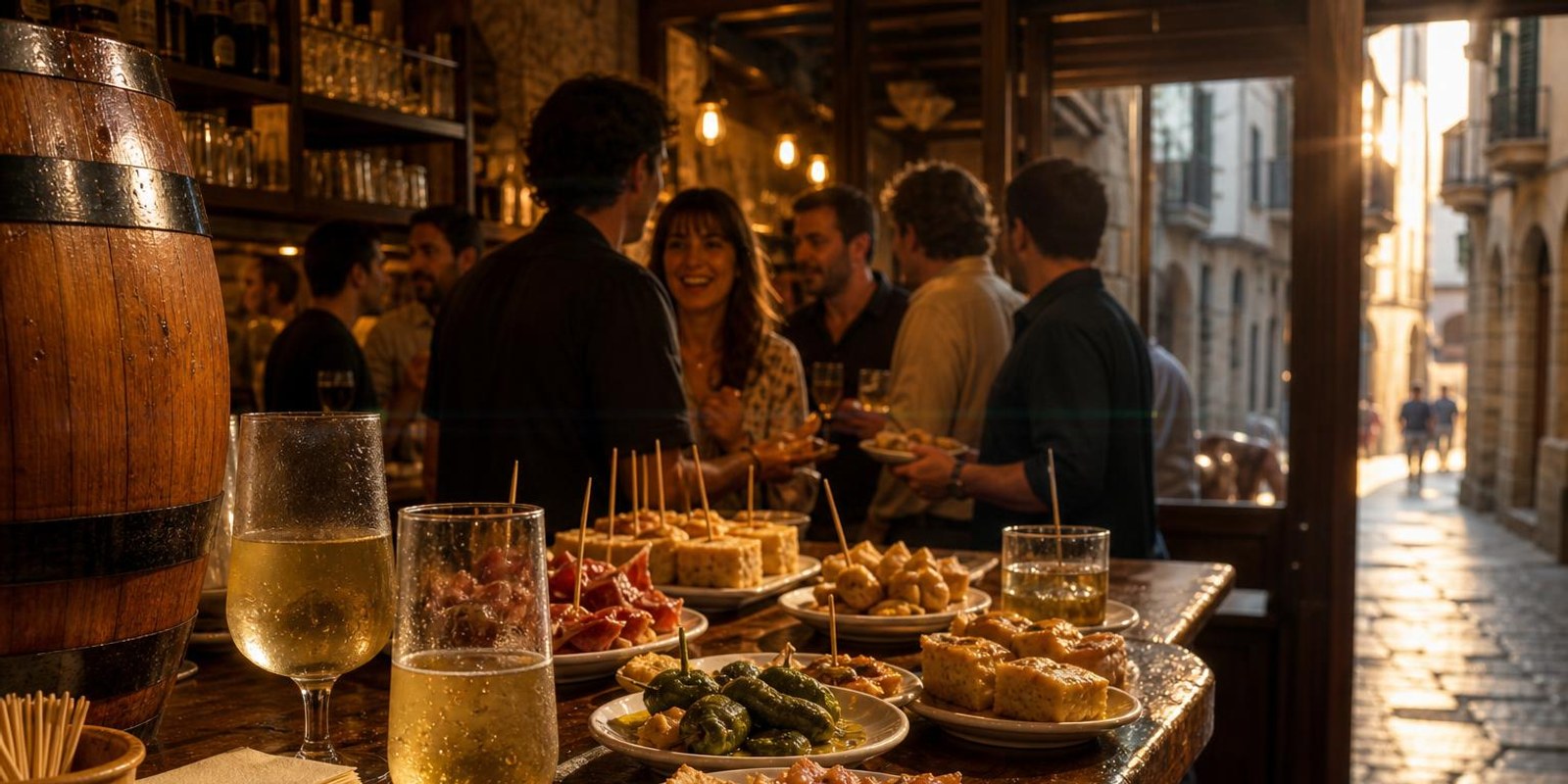 Baskische Bartheke voller kleiner Pintxos-Teller im warmen Abendlicht.