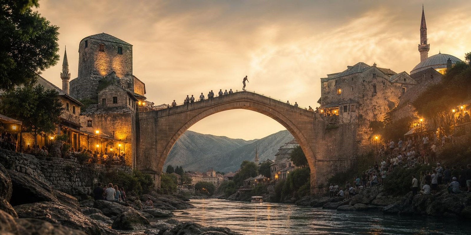 Die steinerne Bruecke Stari Most spannt sich hoch ueber die gruene Neretva in Mostars Altstadt.