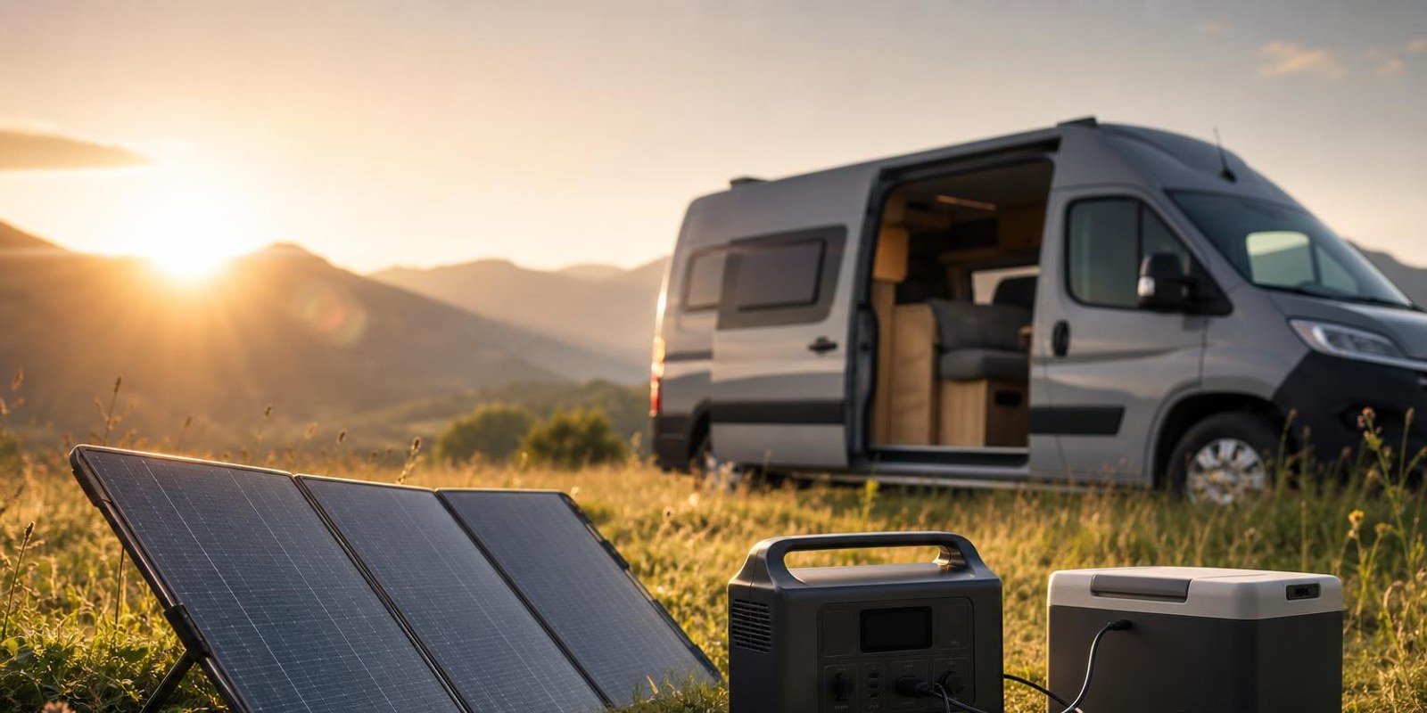 Faltbares Solarpanel laedt neben einem Campervan eine Powerstation, an der Kuehlbox und Handy haengen.