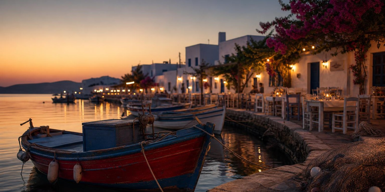Fischerhafen auf Paros mit bunten Booten, weissen Haeusern und Bougainvillea am Abend.