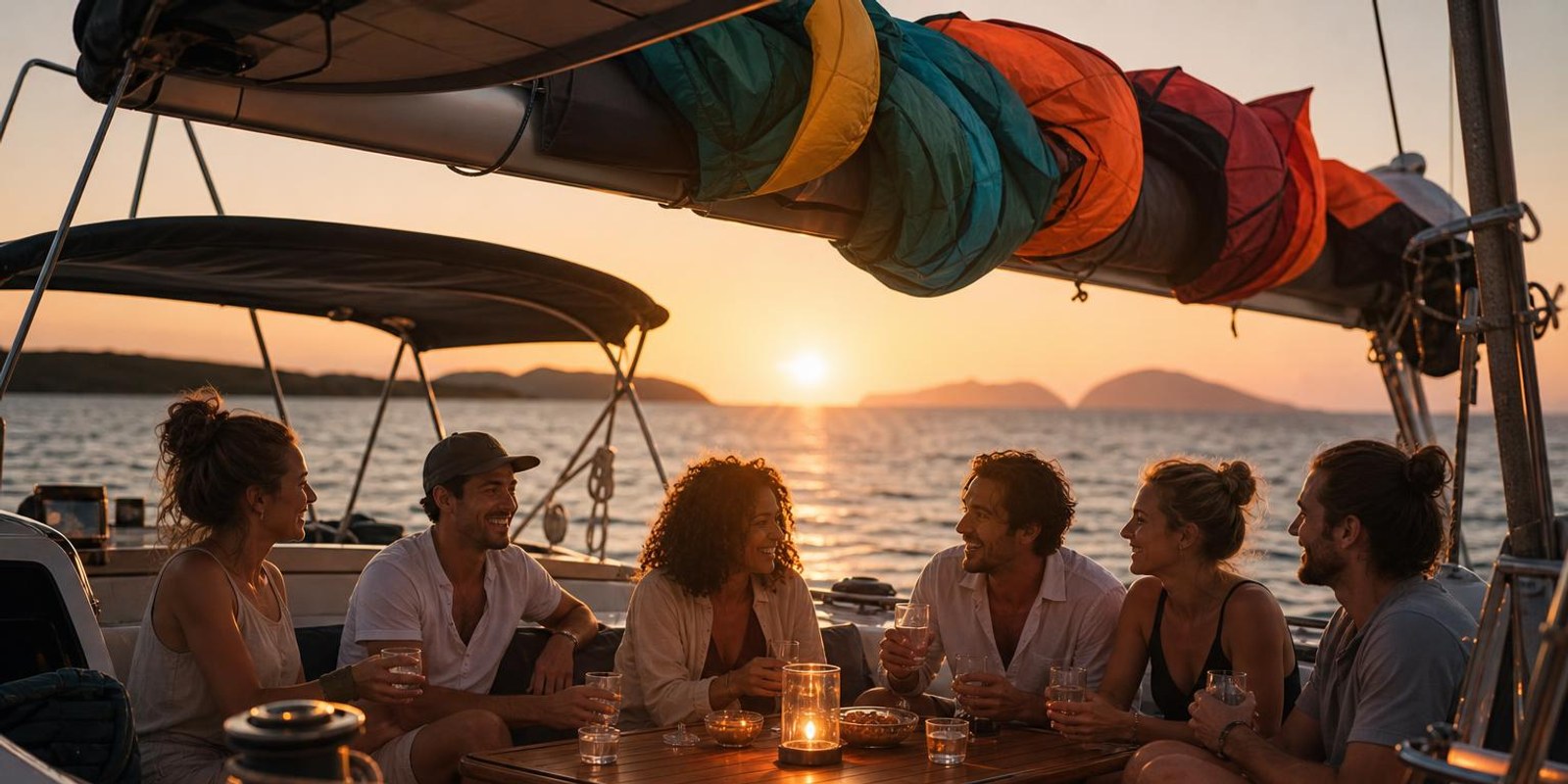 Freundesgruppe sitzt bei Sonnenuntergang auf dem Deck ihrer gecharterten Segelyacht.