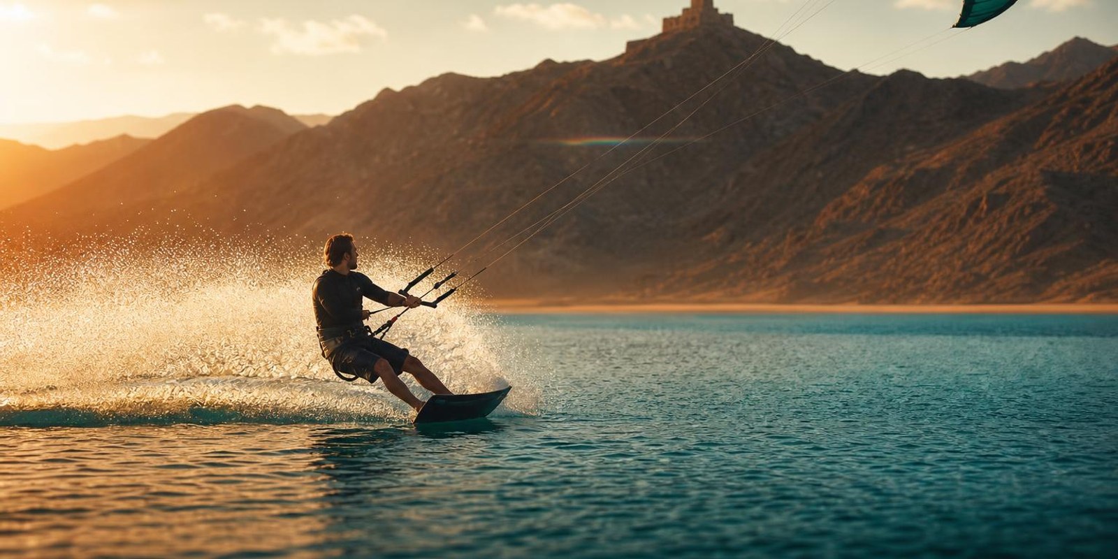 Kitesurfer gleitet durch eine Lagune vor kargen Wuestenbergen im Abendlicht.