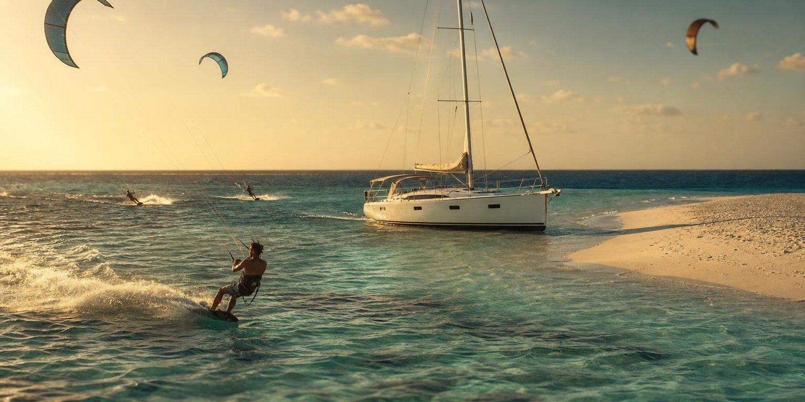 Segelyacht ankert an einer Sandinsel, waehrend Kitesurfer durch tuerkises Flachwasser fahren.