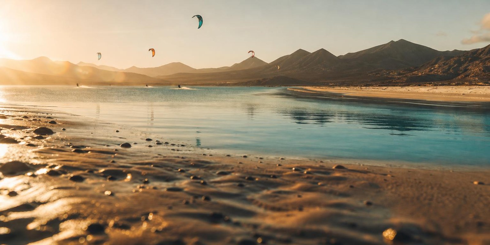 Riesige Gezeitenlagune mit Sandbank und Kites, dahinter karge Vulkanhuegel Fuerteventuras.
