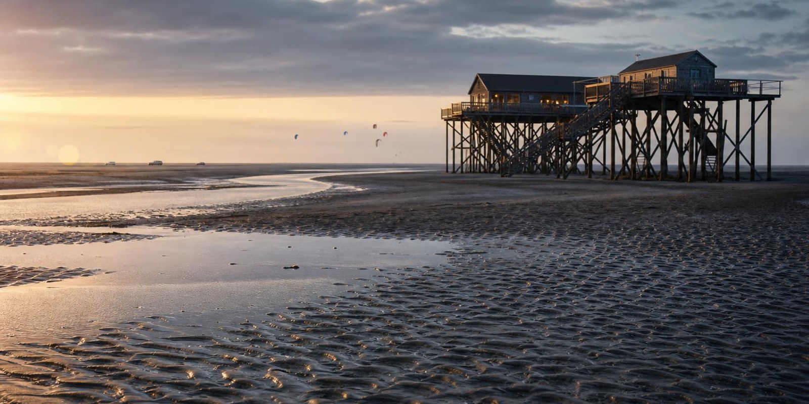 Weiter Nordseestrand mit Pfahlbauten, in der Ferne Kites an einem Priel bei Ebbe.