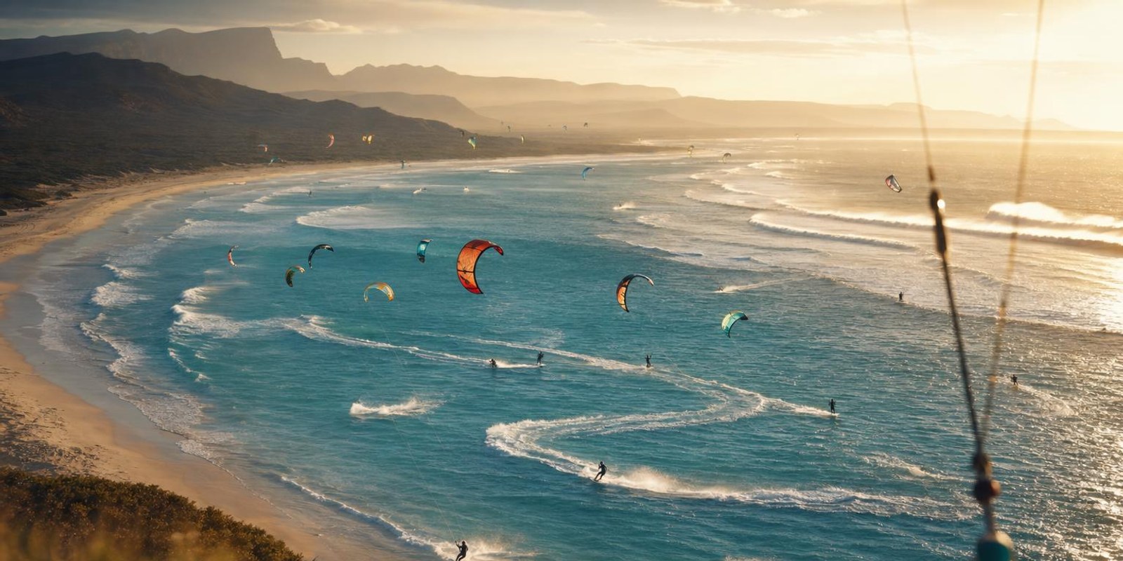 Dutzende bunte Kites fliegen ueber einer tuerkisen Kueste, auf dem Wasser ziehen Kitesurfer weisse Spuren.