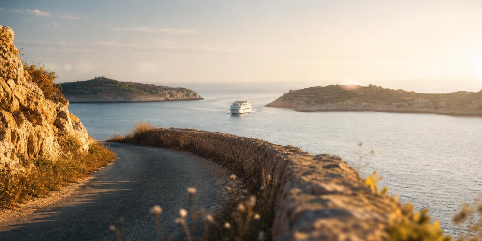 Kuestenstrasse auf Malta mit Kalksteinmauern, dahinter quert eine Faehre den Kanal.