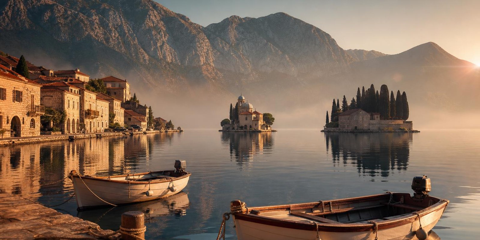 Steinstadt Perast am ruhigen Ufer der Bucht von Kotor mit zwei Kircheninseln davor.