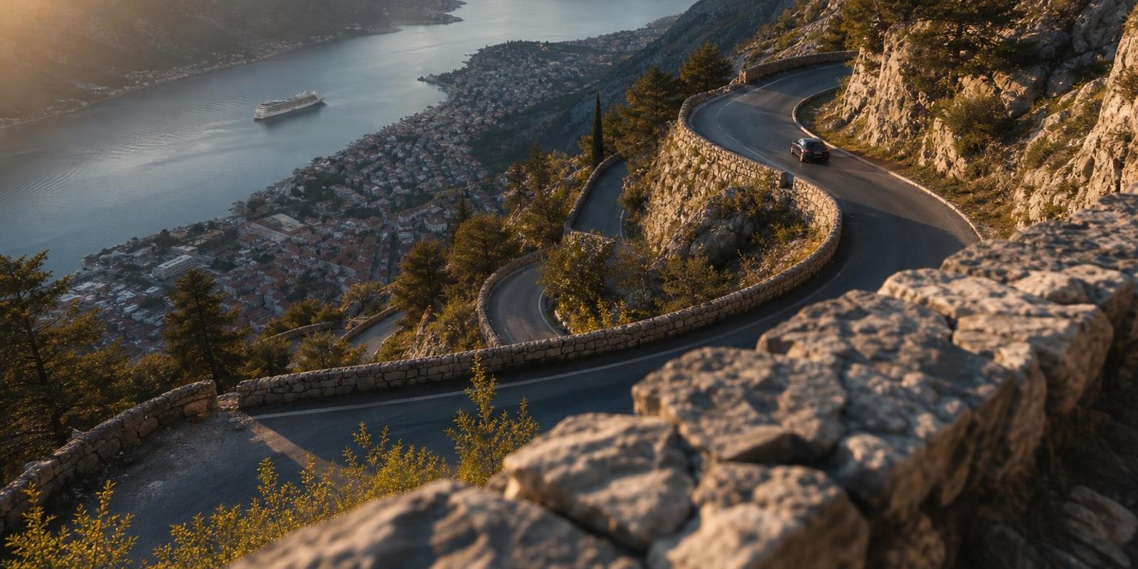 Serpentinenstrasse windet sich in engen Kehren hoch ueber der Bucht von Kotor.
