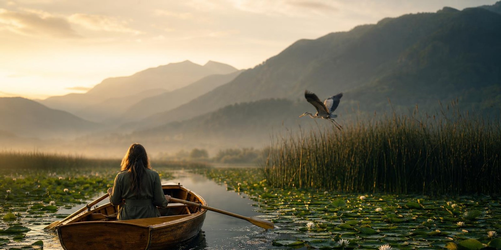 Holzboot gleitet durch Seerosen auf dem stillen Skadar-See, Berge im Morgendunst.