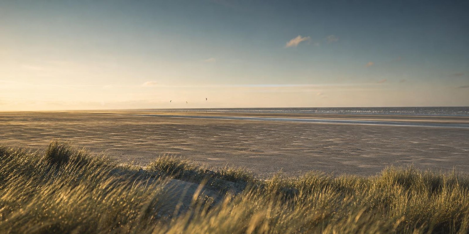 Endlos flacher Sandstrand der Velika Plaza, ganz hinten stehen kleine Kites im Nachmittagswind.