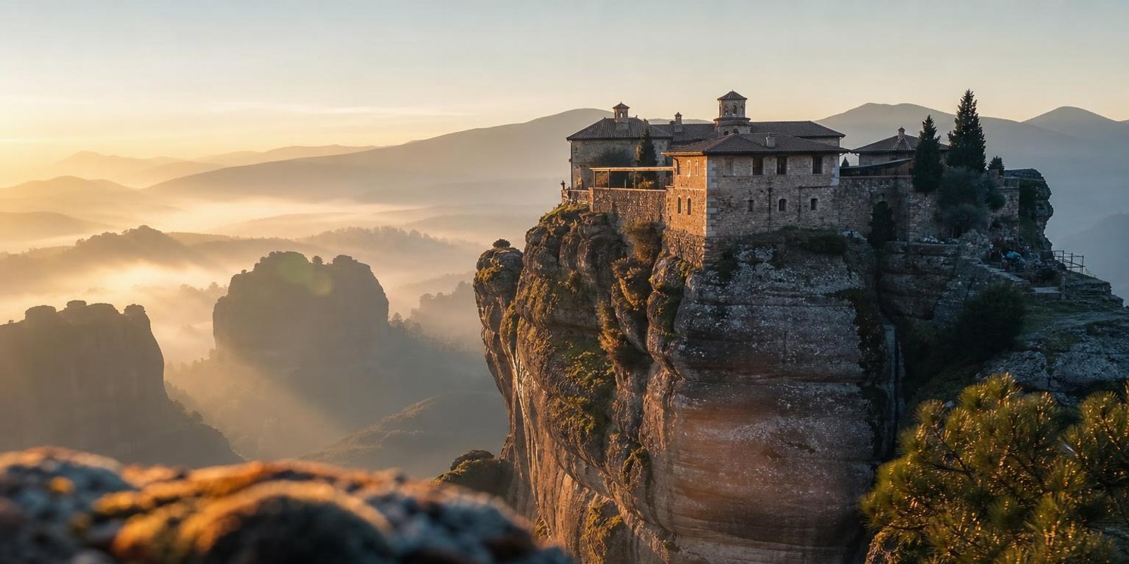 Kloster thront auf einer steilen Felsnadel von Meteora, Morgennebel liegt im Tal.