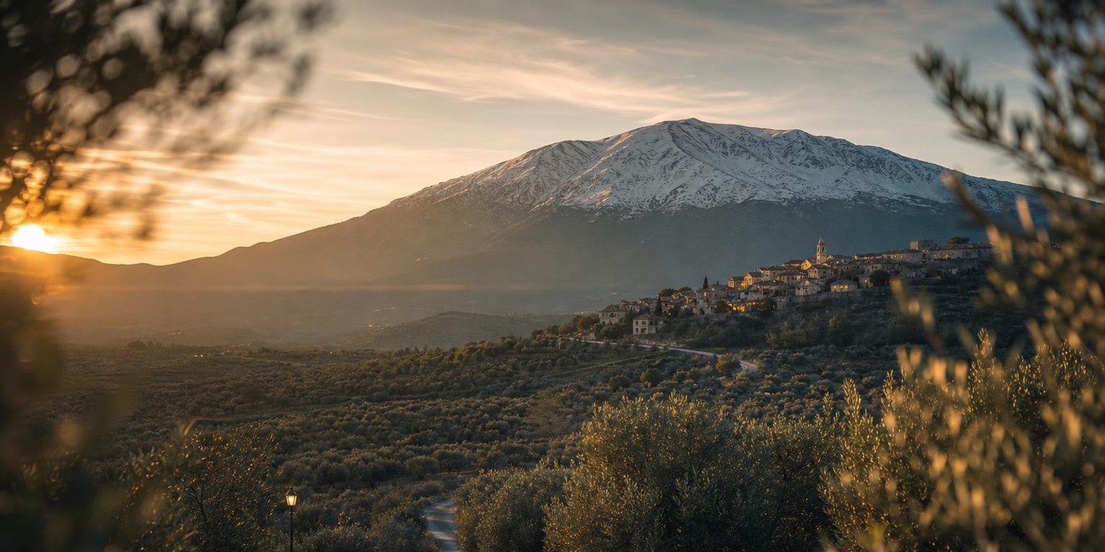 Strasse fuehrt durch Olivenhaine auf einen hohen griechischen Berg zu, ein Dorf liegt am Hang.
