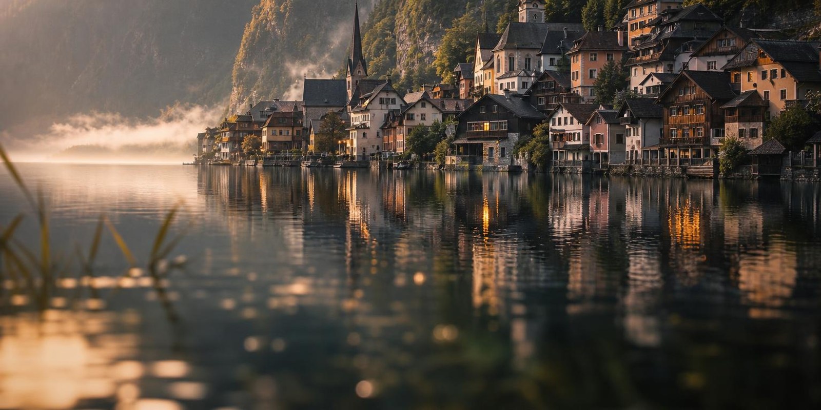 Blick vom See auf das gestaffelte Seeufer-Dorf Hallstatt unter steilen bewaldeten Felswaenden im Morgennebel.