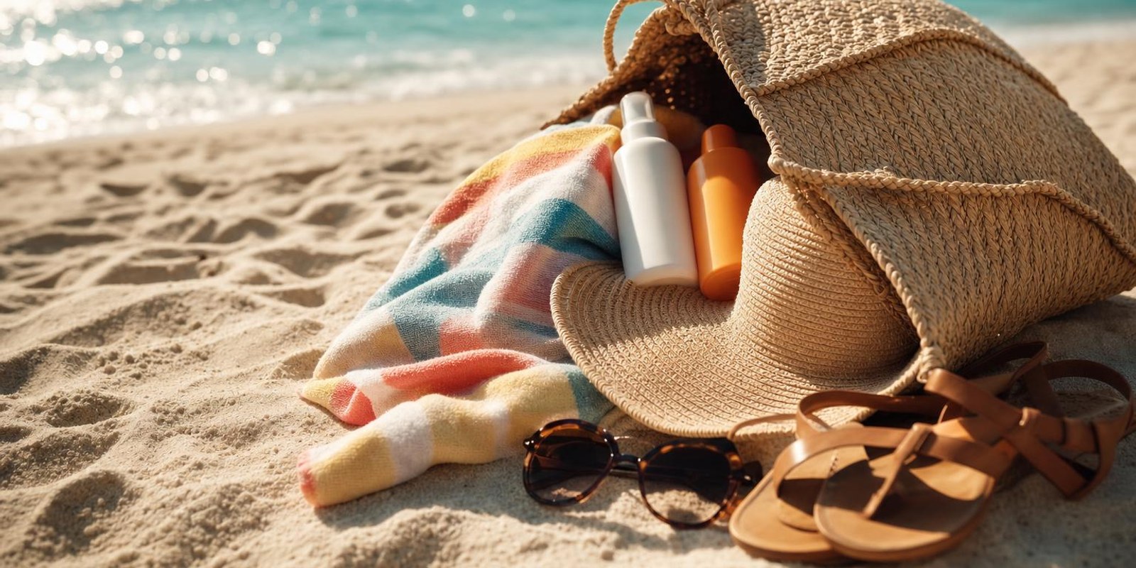 Eine Strandtasche mit Handtuch, Sonnencreme, Hut und Sandalen steht im Sand vor tuerkisem Meer.