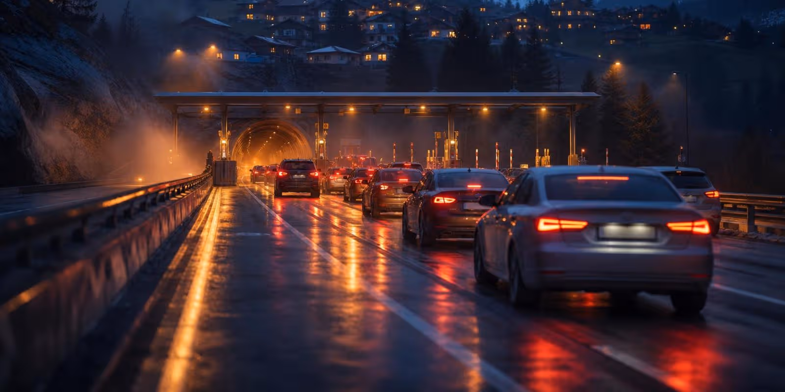 Alpine Autobahn fuehrt in der Daemmerung auf eine beleuchtete Mautstation mit Schranken zu.