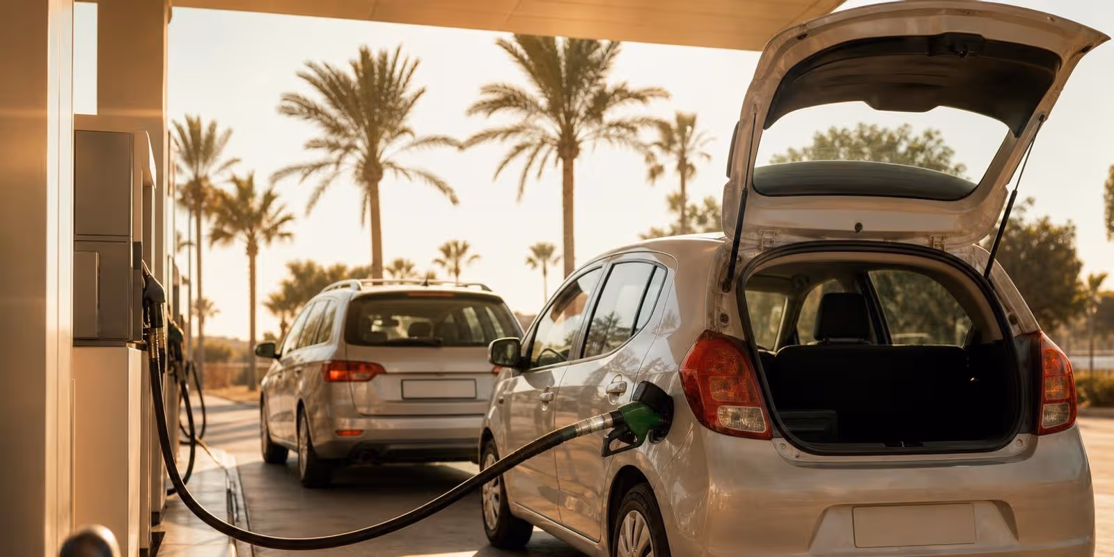 Kleiner Mietwagen tankt an einer sonnigen Tankstelle, dahinter wartet ein deutlich groesseres Auto.