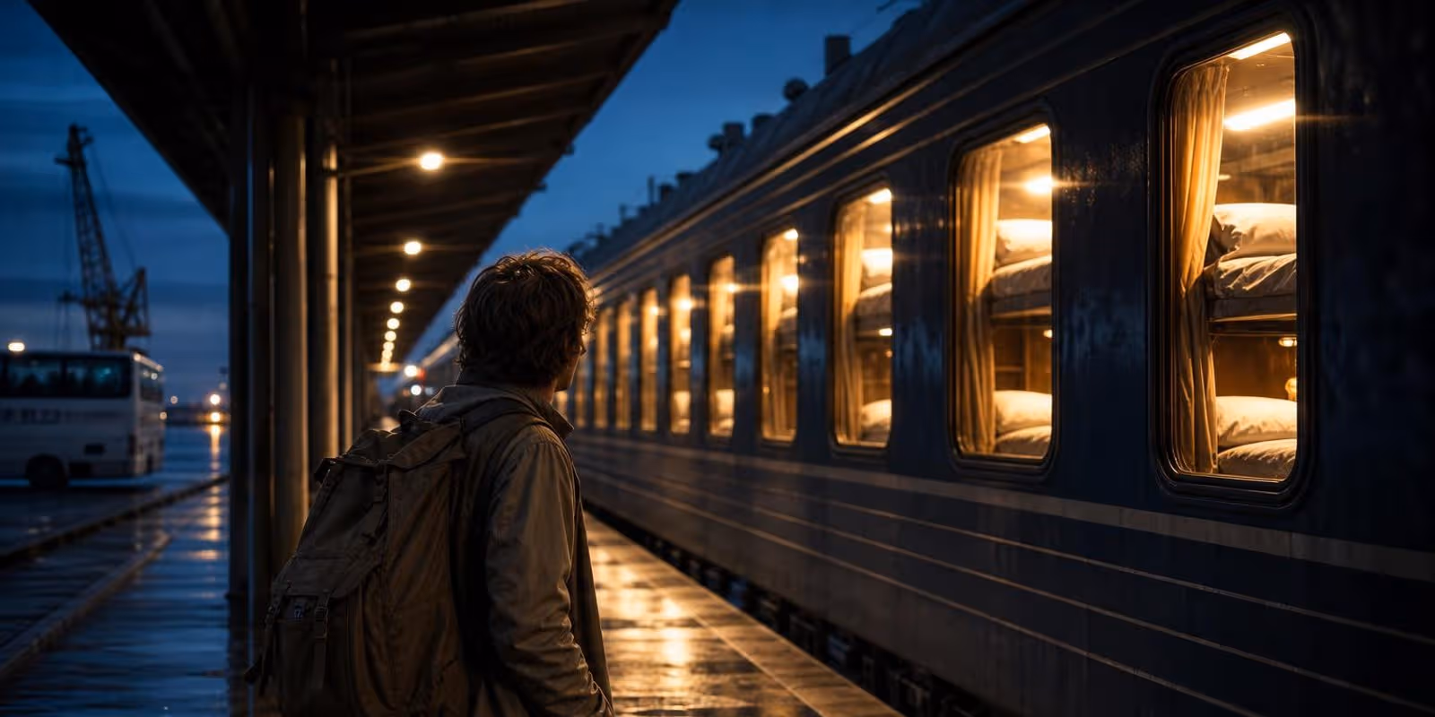 Reisender steht in der Abenddaemmerung mit Rucksack am Bahnsteig neben einem Nachtzug.