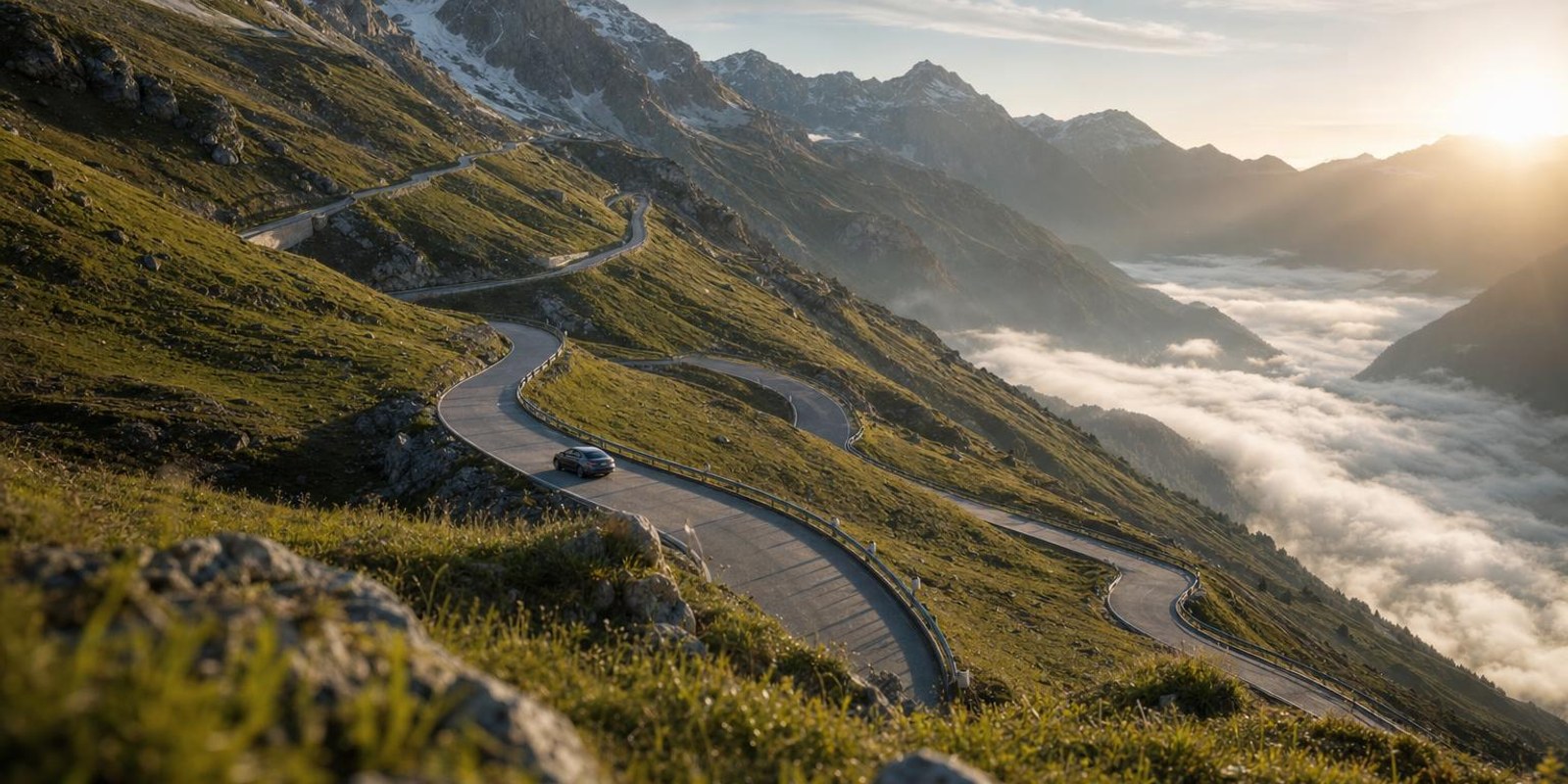 Eine Passstrasse windet sich in engen Serpentinen einen gruenen Alpenhang hinauf, ein einzelnes Auto faehrt bergwaerts.