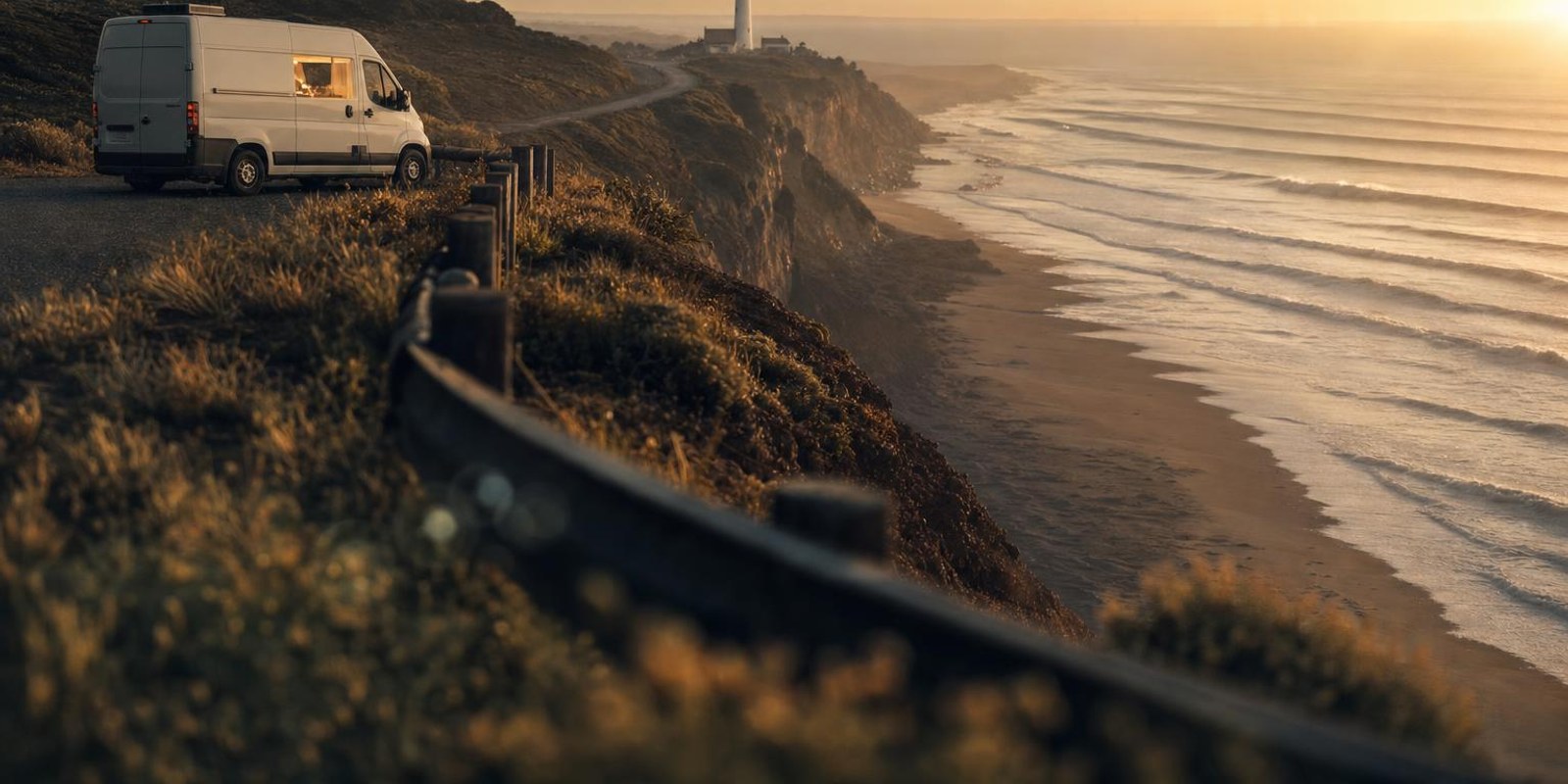 Steile Atlantikklippen mit Leuchtturm und Surferstrand, an der Kuestenstrasse steht ein Campervan am Aussichtspunkt.