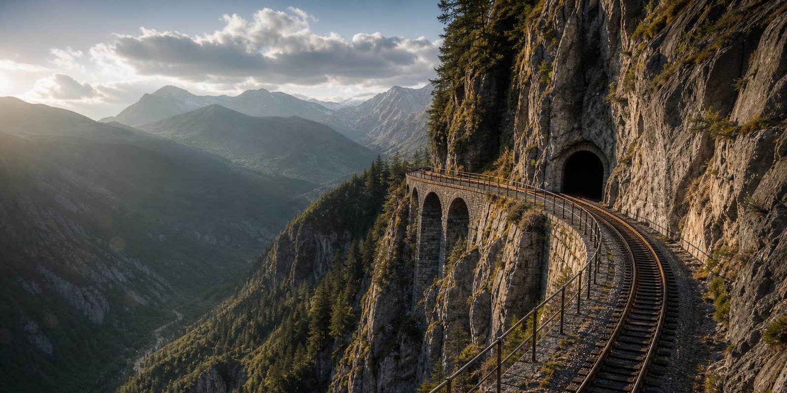 Bergbahnstrecke schmiegt sich hoch ueber dem Tal an eine Felswand und verschwindet in einem Tunnel.