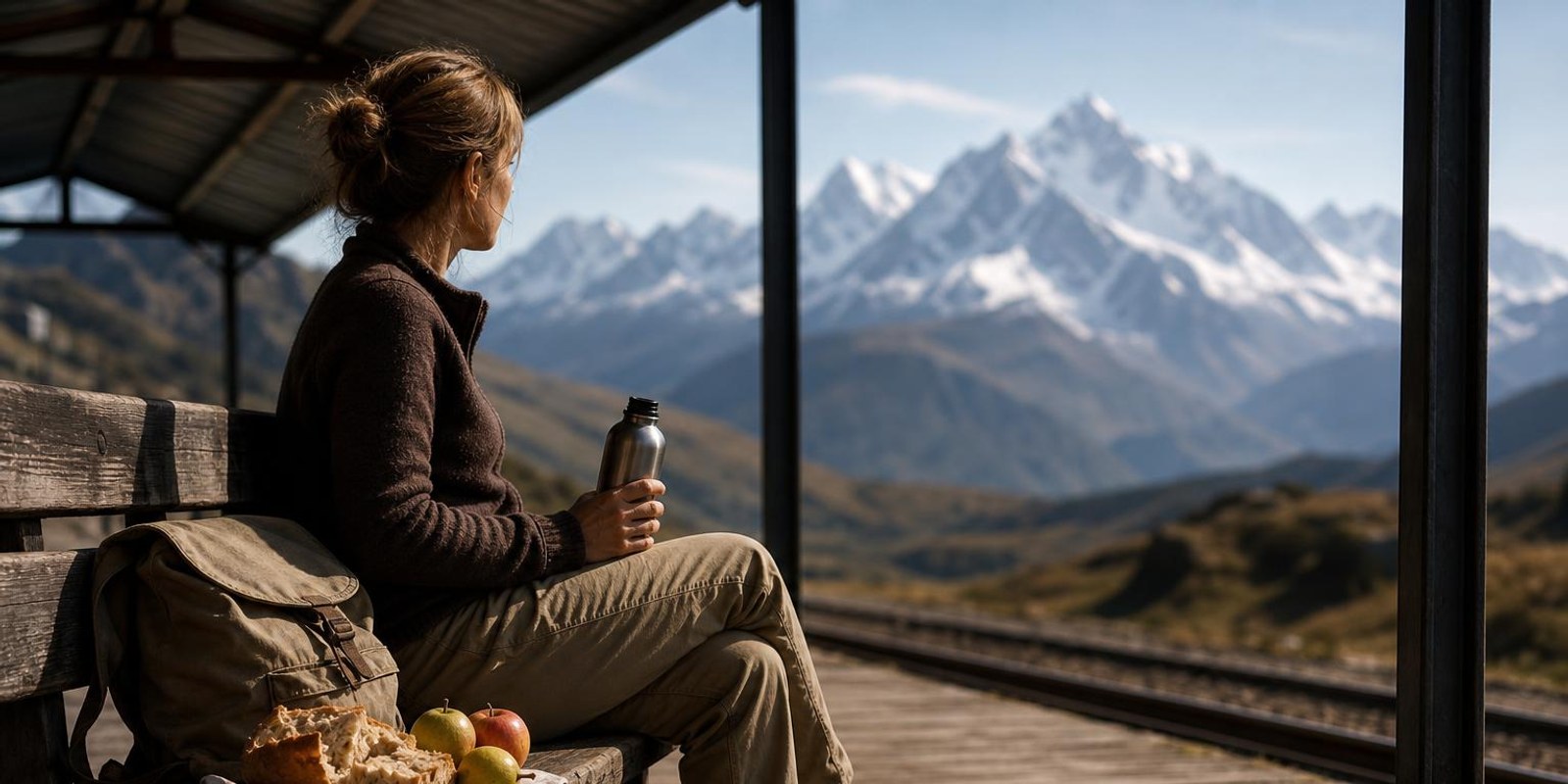 Reisender picknickt mit Brot und Obst auf einer Bank am kleinen Bergbahnhof vor Alpenkulisse.
