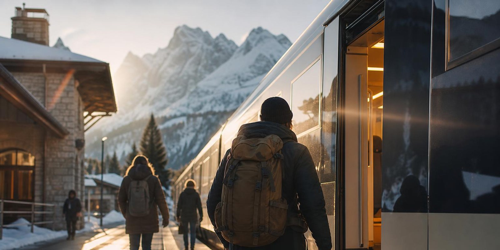 Reisender steigt am Bahnsteig eines Schweizer Bergbahnhofs vor schneebedeckten Gipfeln in den Zug.