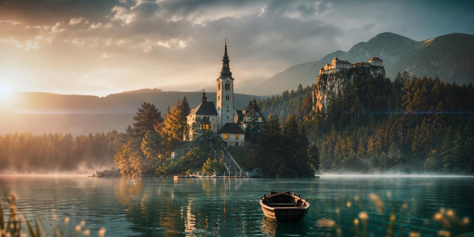 Ruderboot gleitet im Morgennebel ueber den See von Bled auf die Kircheninsel zu.