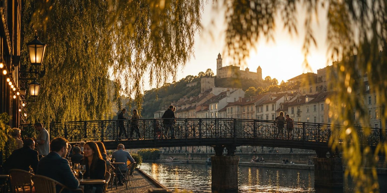 Cafes am Flussufer von Ljubljana, dahinter steigt der Burgberg ueber der Altstadt auf.