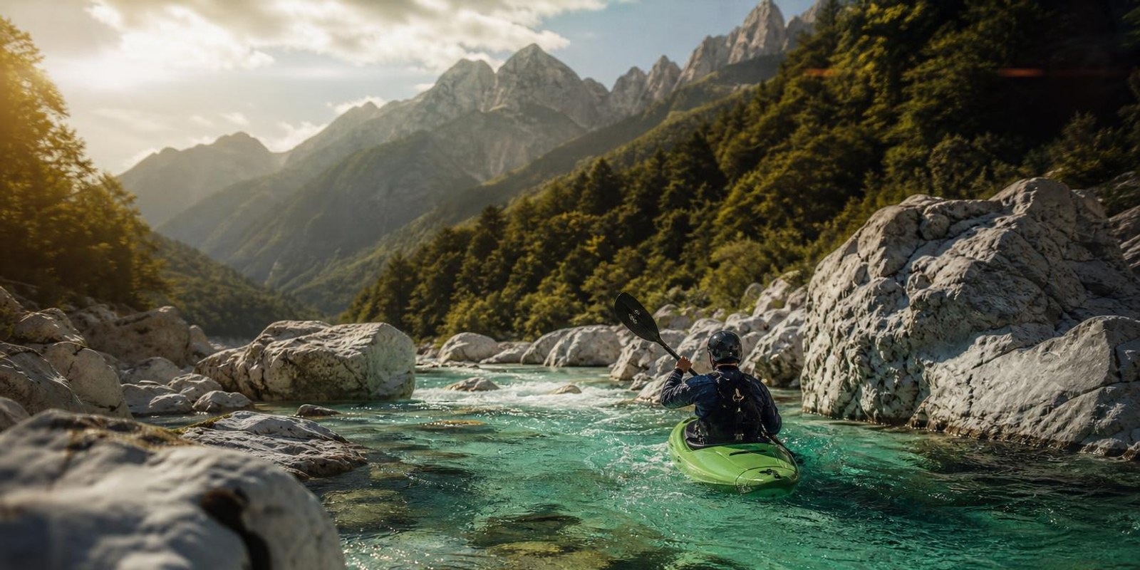 Kajakfahrer paddelt auf dem smaragdgruenen Wasser der Soca zwischen weissen Kalkfelsen.