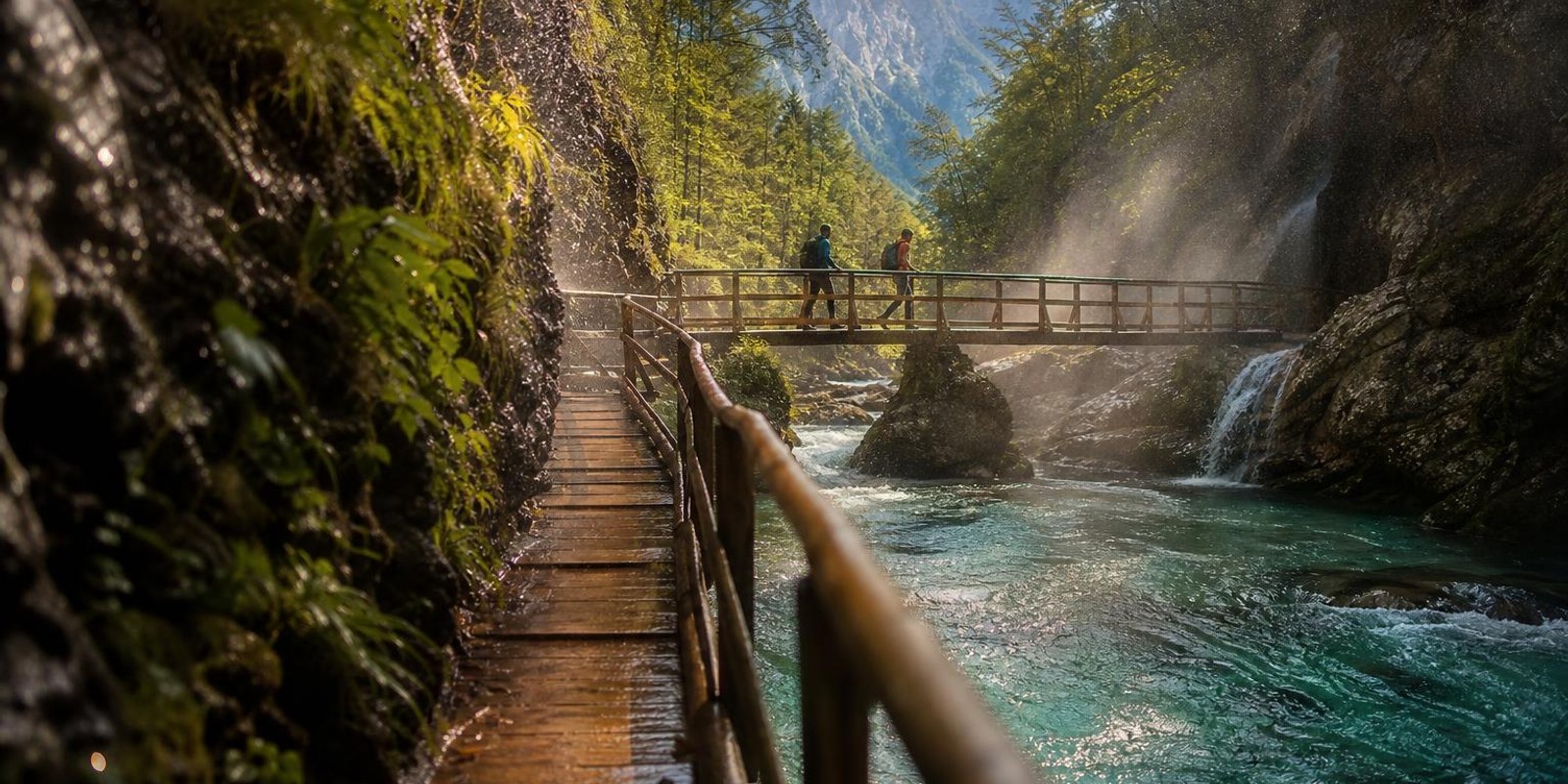 Holzsteg fuehrt Wanderer durch eine Klamm ueber einen smaragdgruenen Fluss in den Julischen Alpen.