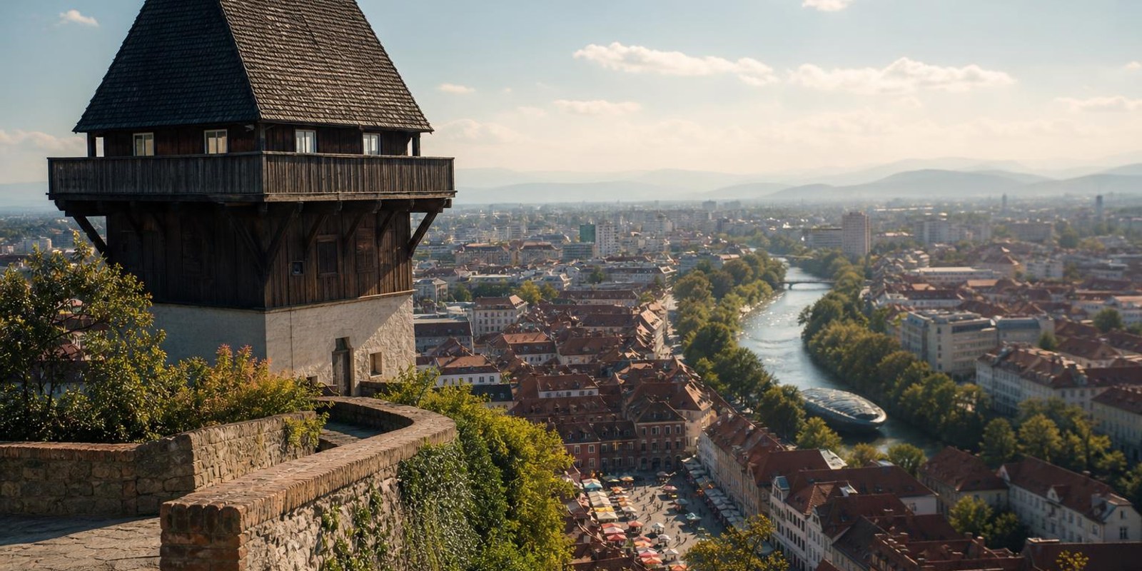 Blick vom Grazer Schlossberg ueber den Uhrturm auf die roten Daecher der Altstadt und den Fluss.