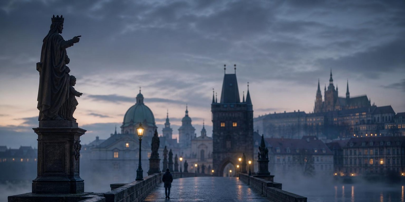 Karlsbruecke im Morgennebel mit Statuen und der Prager Burg im Hintergrund.