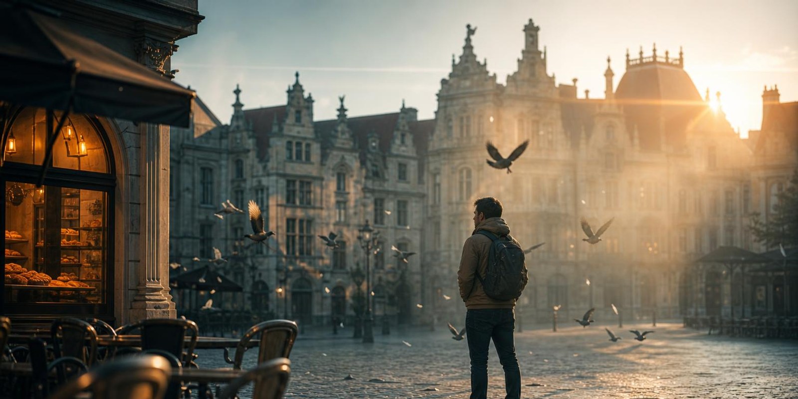 Reisende mit kleinem Rucksack steht am fruehen Morgen auf einem leeren Altstadtplatz.