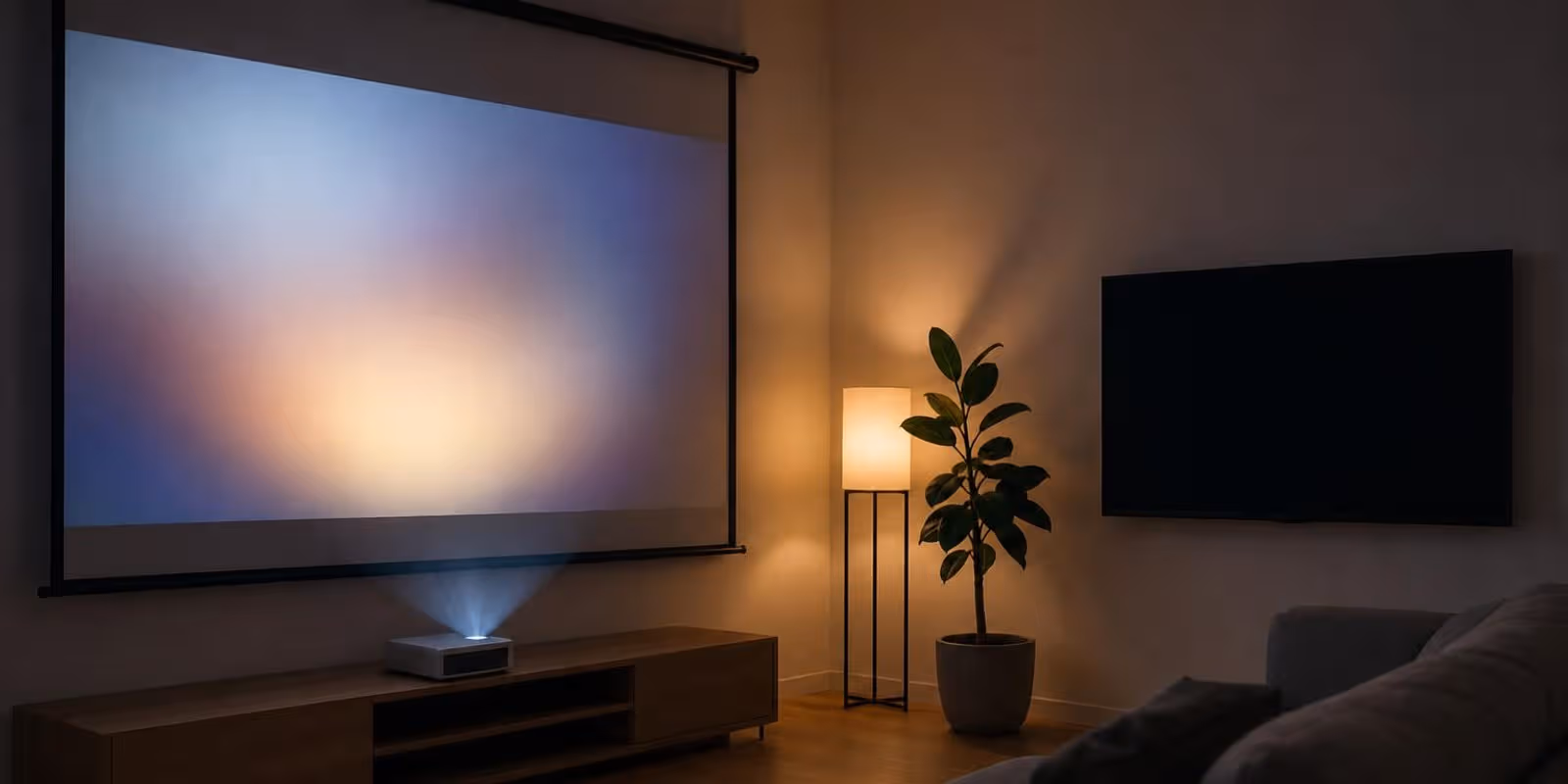 Beamer wirft im abgedunkelten Wohnzimmer ein Bild auf die Leinwand, daneben haengt ein dunkler Fernseher.