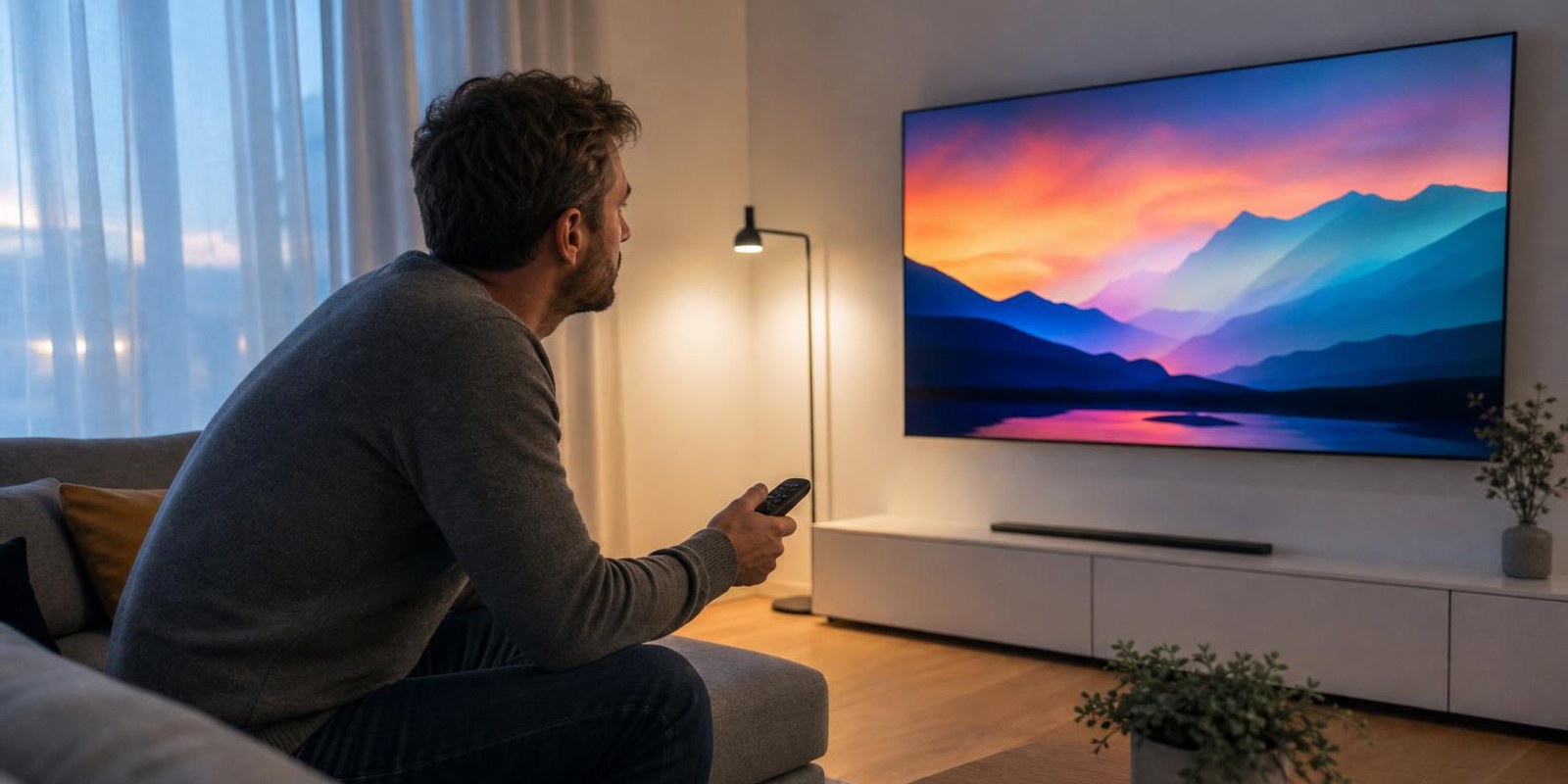 Mann justiert mit der Fernbedienung das Bild seines grossen Fernsehers im Wohnzimmer.