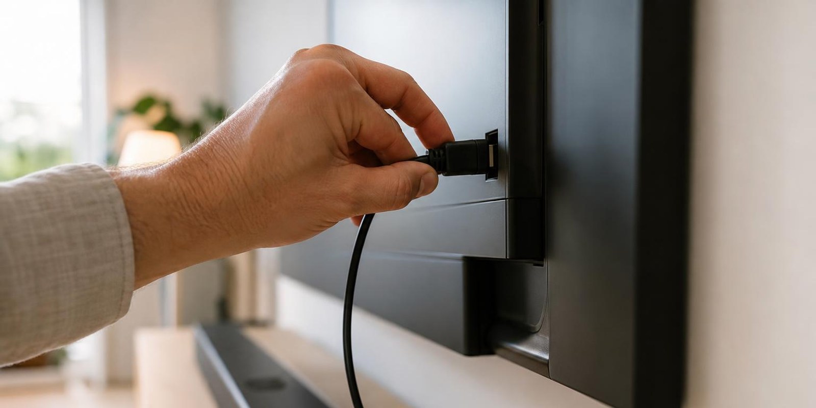 Eine Hand steckt ein HDMI-Kabel an der Rueckseite des Fernsehers ein, darunter steht die Soundbar.
