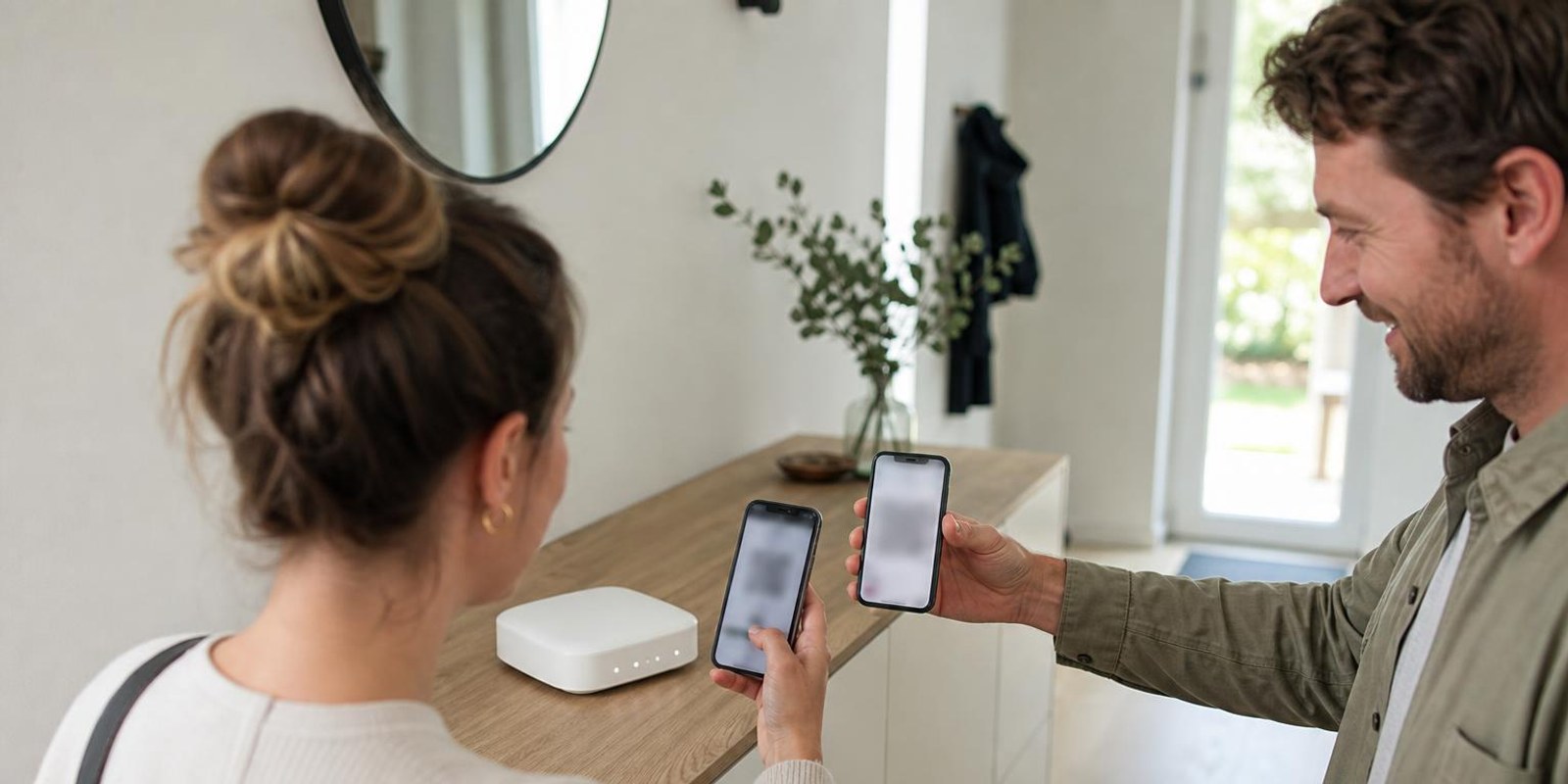Gastgeber haelt einer Besucherin das Smartphone zum Verbinden hin, daneben leuchtet der Router.
