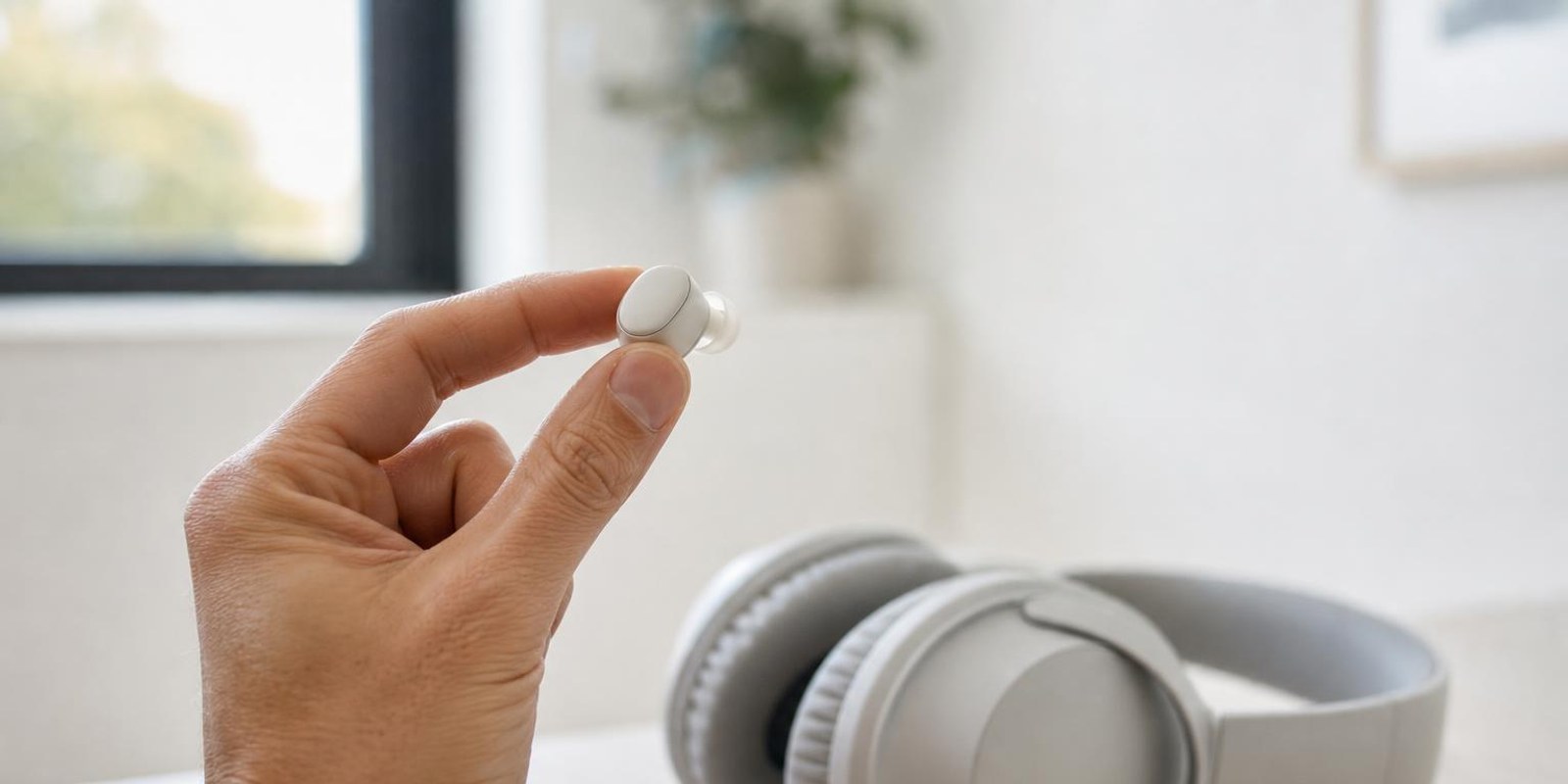Hand haelt einen kleinen In-Ear-Stoepsel ueber grossen Over-Ear-Kopfhoerern zum Vergleich.