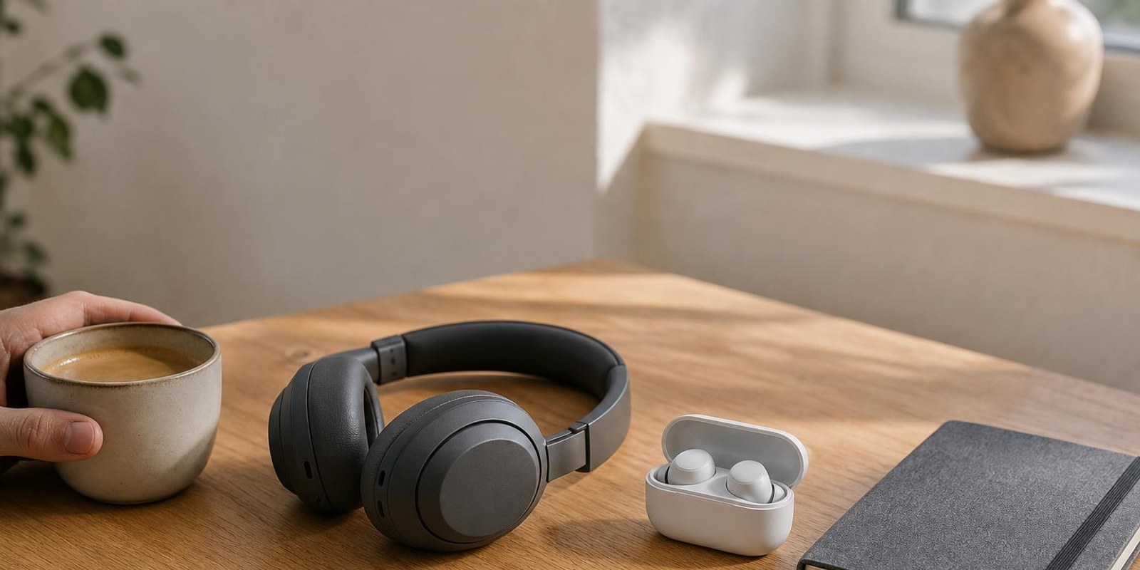 Over-Ear-Kopfhoerer und In-Ear-Stoepsel mit Ladecase liegen nebeneinander auf dem Schreibtisch.