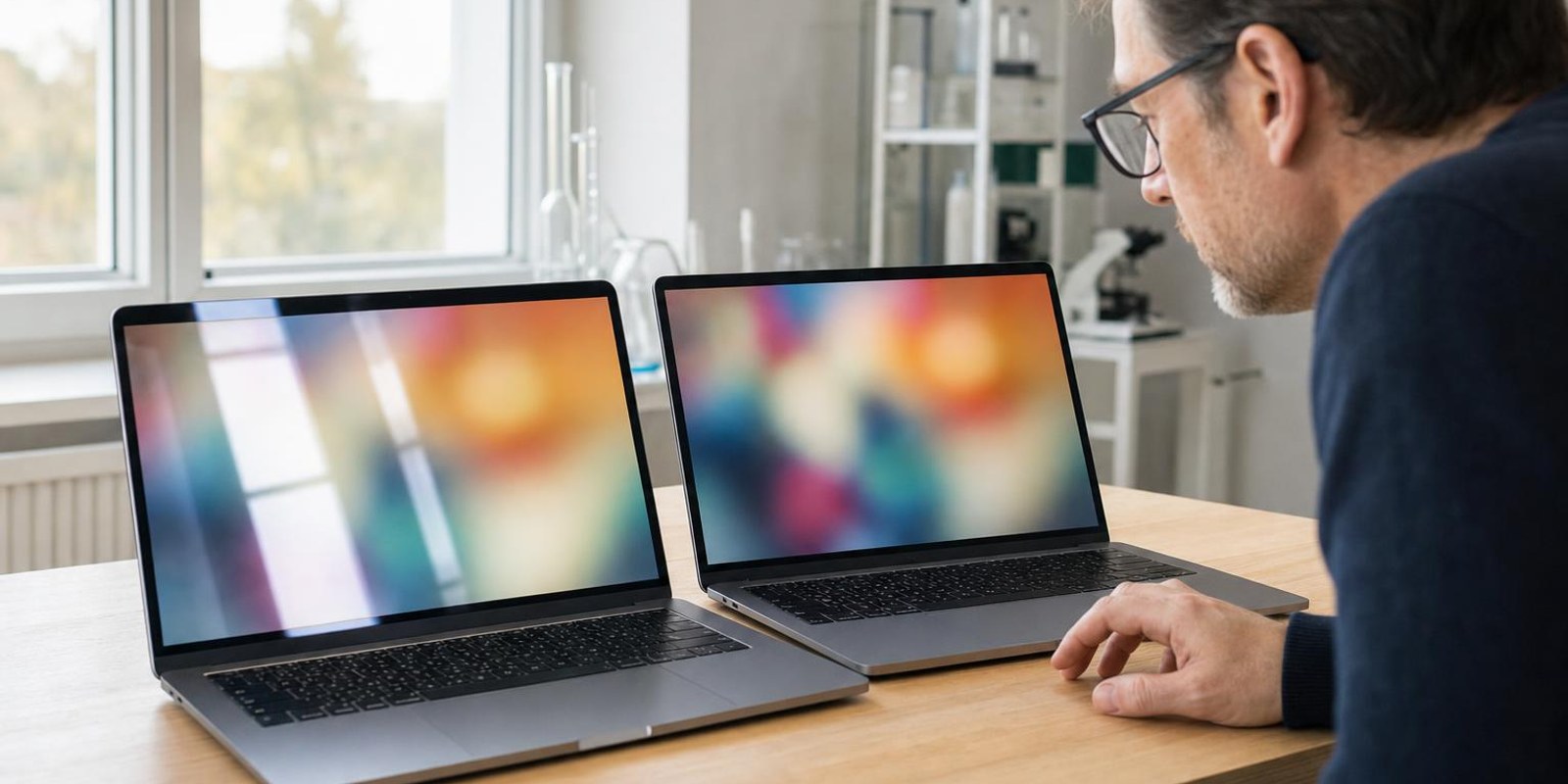 Zwei Laptops mit demselben Foto stehen am Fenster, ein Display spiegelt stark, das andere bleibt gut lesbar.