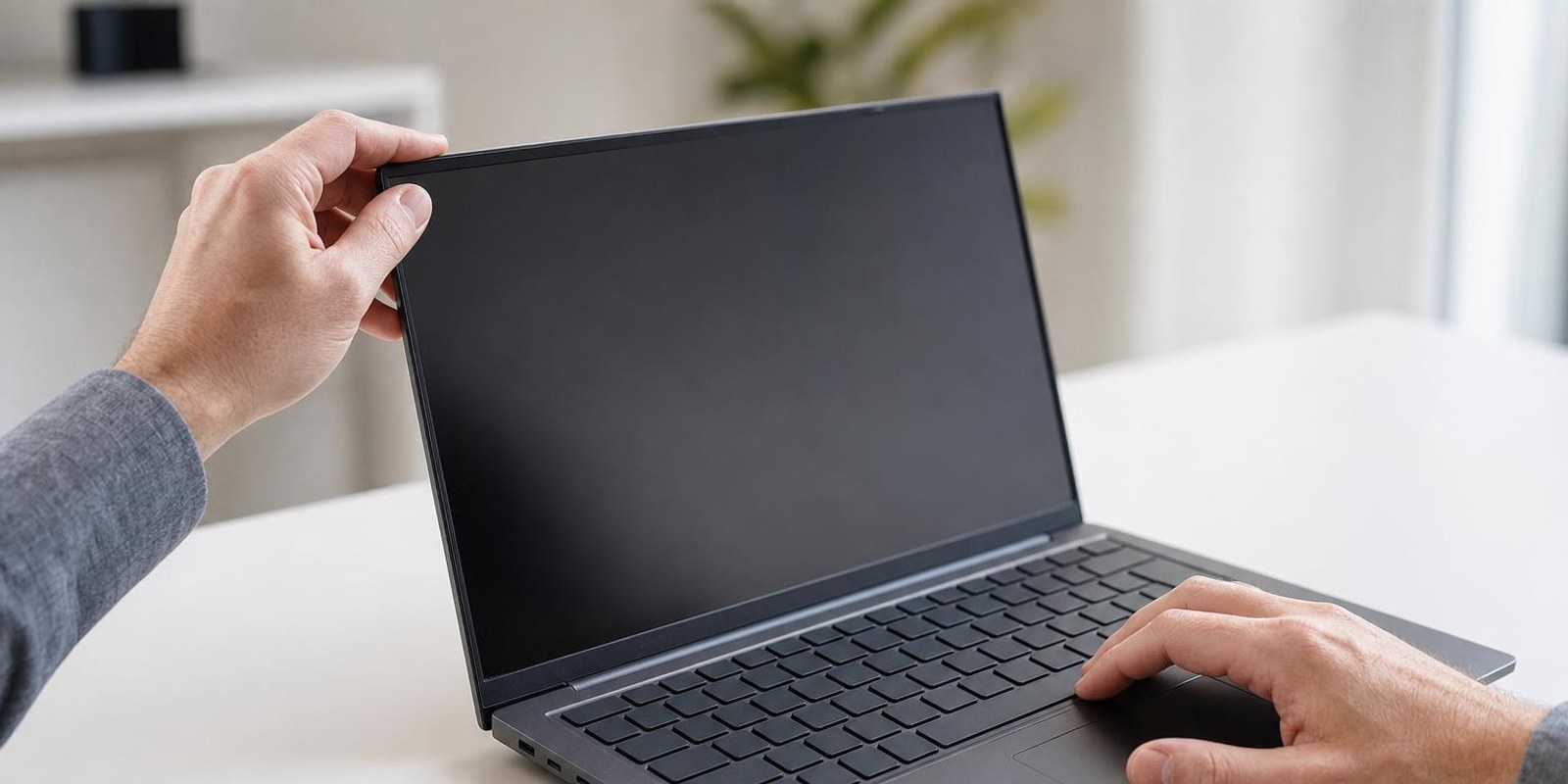 Haende pruefen Scharnier und Tastatur eines gebrauchten Business-Laptops auf einem Schreibtisch.