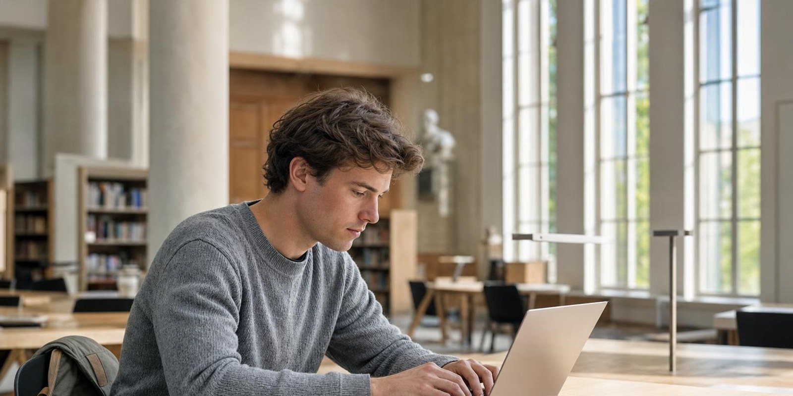 Eine Studentin arbeitet in der Bibliothek an einem leichten Laptop ohne Ladekabel, daneben Notizen und Kaffee.