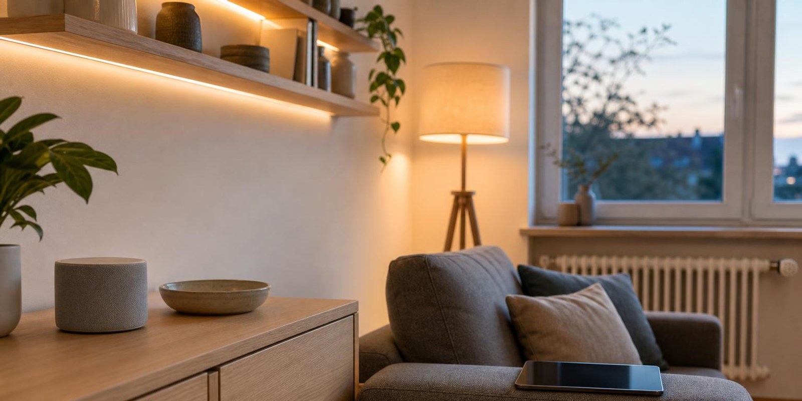 Wohnzimmer am Abend mit warmem smartem Licht, Lautsprecher und Thermostat.