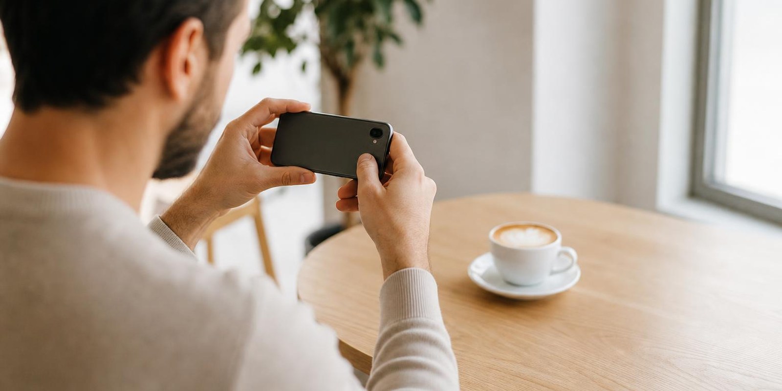 Mann fotografiert im Cafe zufrieden mit einem schlichten Mittelklasse-Smartphone.